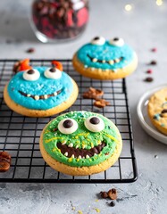Colorful monster-themed cookies on a wire rack, festive treats