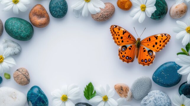 Bright orange butterfly resting among colorful stones and white flowers