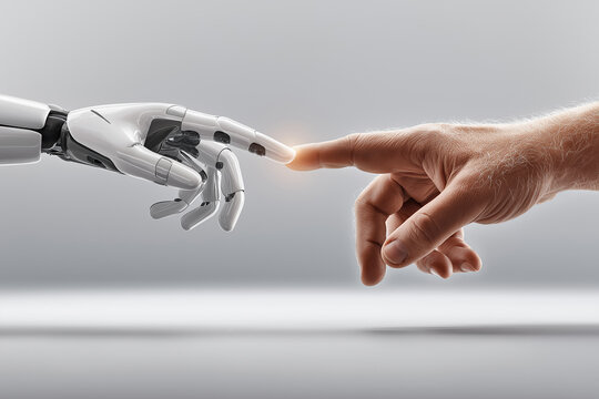 robot hand touching human finger connection of ai and humanity innovation future technology