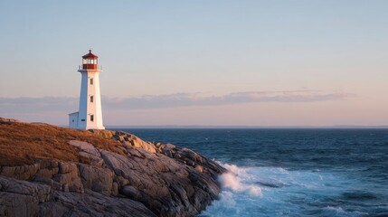 Naklejka premium Lighthouse On Rocky Coastline At Sunset. Guiding Light Over Ocean Waves