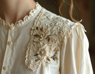 Cream-colored vintage shirt, ornate shoulder detail of embroidered flowers