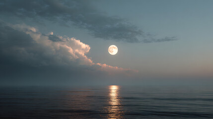 Full moon rising over the ocean with clouds and a beautiful reflection
