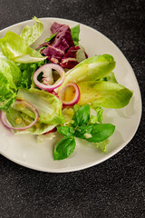 Chicory salad green leaf mix vegetables dish natural product tasty snack fresh delicious gourmet food background on the table rustic top view copy space keto and paleo diet vegan and vegan food