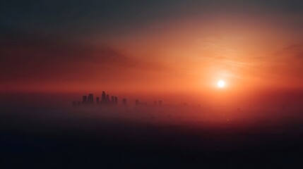 Obraz premium A hazy city skyline emerges through thick fog during a vibrant atmospheric sunset with a warm orange and red glow