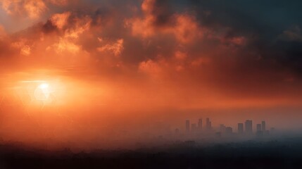 Fototapeta premium Fiery sunset illuminates a hazy silhouetted city skyline creating a dramatic and atmospheric urban landscape