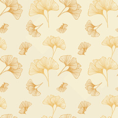 Golden Ginkgo Leaf Seamless Pattern on Cream Background