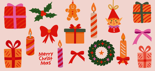 Set of Christmas hand drawn elements. Cute holiday Xmas graphic icons. Wreath, Xmas tree, bow, gift, candle, holly, funny tree toys, candys. Perfect for greeting card. Vector illustration.