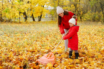 A mother and her young daughter are raking bright yellow and orange leaves in a vibrant autumn park while the sun shines down