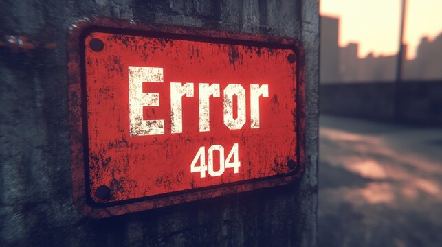 Sign displaying error 404 in an urban setting at sunset
