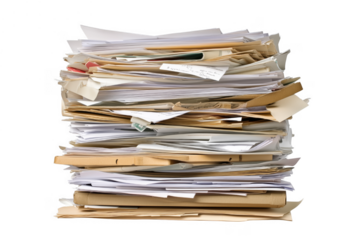 Tall stack of documents and papers isolated on a transparent background