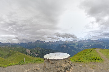View with orientation table from the peak of Mont Jovet in La Vanoise national park, Savoie, France 