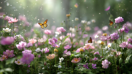 Butterflies dance above a field of wildflowers in a sun-dappled meadow