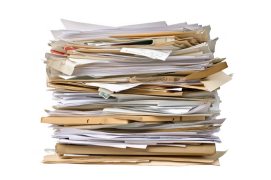 Tall stack of documents and papers isolated on a transparent background