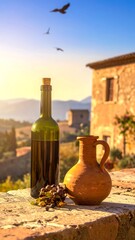 Wine bottle and pitcher on patio at sunset