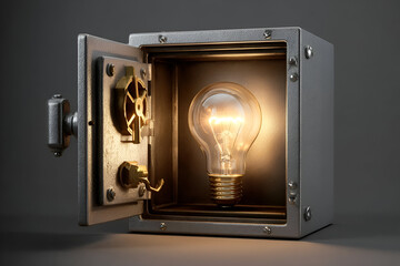 A bulb illuminating from within a safe, symbolizing security and innovative ideas.