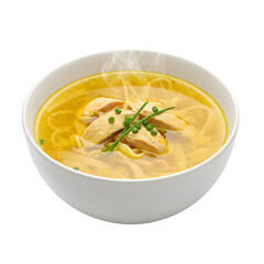A white bowl filled with hot chicken noodle soup, featuring chicken pieces, sliced carrots, isolated on white or transparent background, PNG Format.