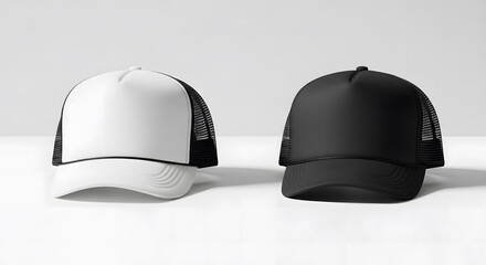 mockup trucker cap hat with black and white color with isolated clear background