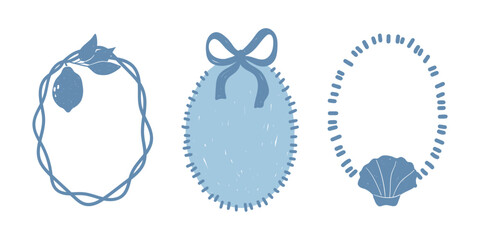 Minimalist decorative oval frames in Mediterranean style — braided lemon wreath, oval ribbon frame, and seashell border, hand-drawn marine sketch