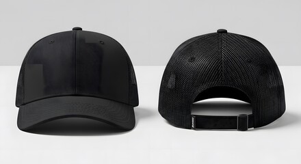 trucker cap mockup with black color, front and back view with isolated clear background