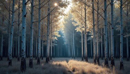 Fototapeta premium Rocky Mountain Aspen Grove Golden Wood Structures A grove of Colorado aspen trees bathed in warm, golden sunlight. The focus is on the distinctive white and grey textured bark of the slender trunks,