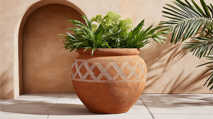 terracotta plant pot in mediterranean courtyard natural home decor summer garden vibe