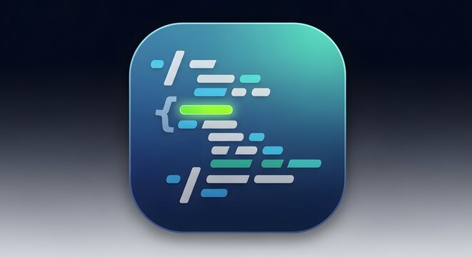 Illustration of a blue rounded square with code symbols on it against a gradient background