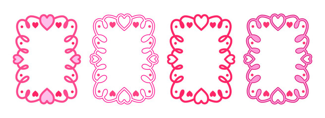 Handdrawn pink doodle heart frames, cute love borders for decoration, Valentines Day, wedding invitations, and greeting cards.