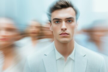 Young man standing still in center of rushing business crowd, facing forward with calm focus, blurred motion background
