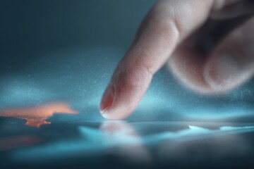 Finger interacting with tablet displaying layered analytics dashboards, holographic revenue graphs, ROI growth metrics