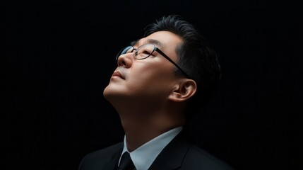 Thoughtful Man in Suit with Glasses Against Dark Background, Profile View, Serious Expression