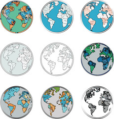 Nine stylized earth globes with varied color palettes 1