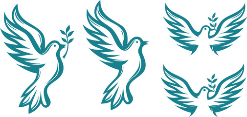 Teal doves with olive branches in flight bird peace