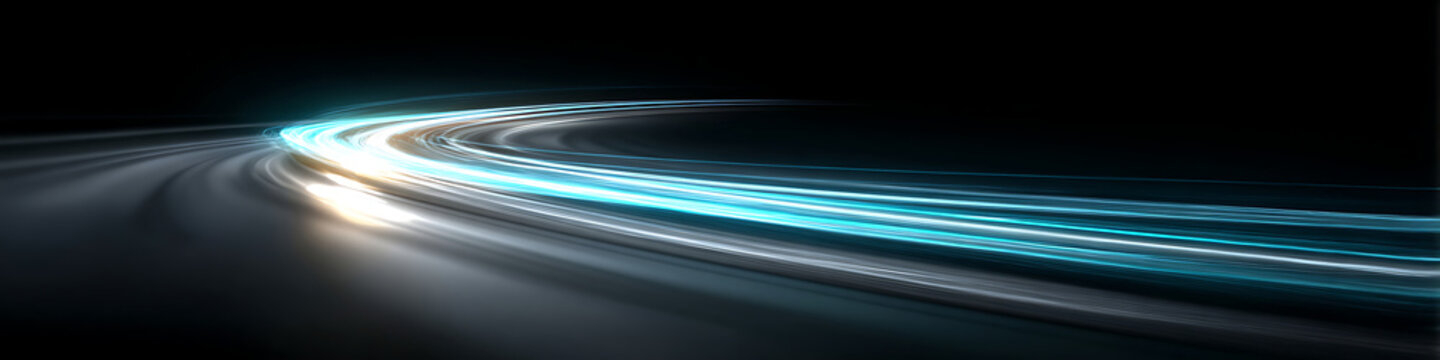Dynamic glowing light paths in teal and blue on dark background for effective electric vehicle advertising banners