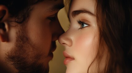 Close-Up of Two People with Intense Eye Contact and Soft Lighting in a Romantic Setting