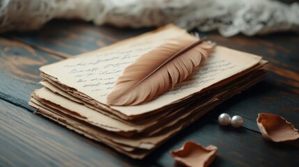 Vintage Quill Pen and Old Letters on Rustic Wooden Table with Pearls and Dried Petals