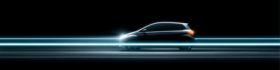 Fototapeta premium Elegant minimalist light trails in cyan on dark gray backdrop for smart electric car advertising
