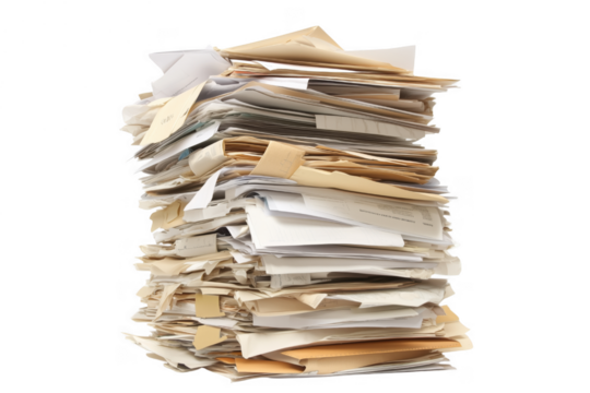 Tall stack of documents and papers isolated on a transparent background