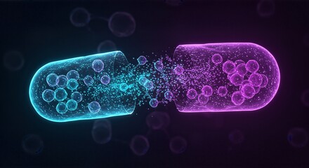 A vibrant, artistic depiction of a capsule splitting open, releasing particles.