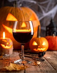 Wine glass with red wine, surrounded by carved pumpkins and candles. Autumnal ambiance