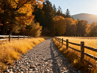 A gravel path stretches far in autumn sun. Yellowing grass and wooden fences line it; dense trees, faint distant mountains, clear sky&mdash;quiet, warm vibe with fresh autumn grass and wood scent