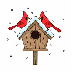 doodle vector design icon Red cardinals on a snowy birdhouse