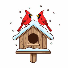 doodle vector design icon Red cardinals on a snowy birdhouse