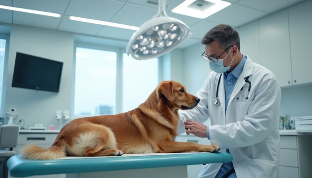 Vet examines golden retriever dog on table in modern clinic. Doctor checks pet health. Man in lab coat, mask provides animal care. Golden retriever gets medical examination, showing trust, calm