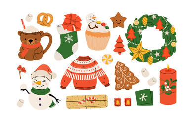 Xmas items set. Christmas tree, Santa with gifts, snowman. Festive wreath, candy canes, gingerbreads. New year decorations. Winter holiday decor. Flat isolated vector illustration on white background