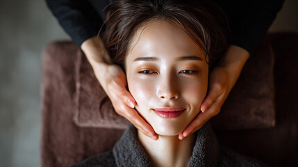 エステサロンでフェイシャルマッサージを受ける若い女性
