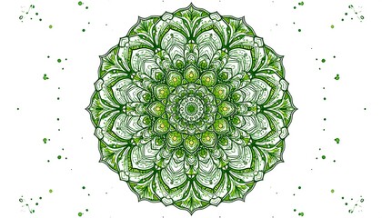 A symmetrical, vibrant green mandala design with delicate patterns radiates from the center against a stark white background, some small green dots