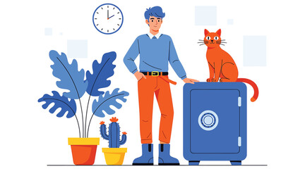 Vector art of a confident man stands beside a safe with his cat, a potted plant, and a clock on the wall, , creating a cozy and secure atmosphere