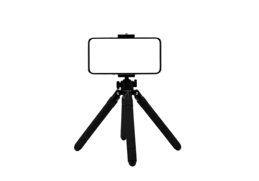 Small black tripod holding a smartphone with a blank white screen