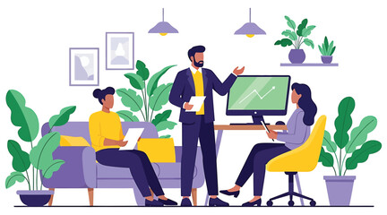 Vector art of business meeting in a modern office with colleagues discussing work, surrounded by plants and a relaxed atmosphere, fostering creativity and collaboration for success