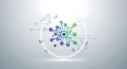 Abstract network illustration with gradient nodes and geometric shapes on a light background